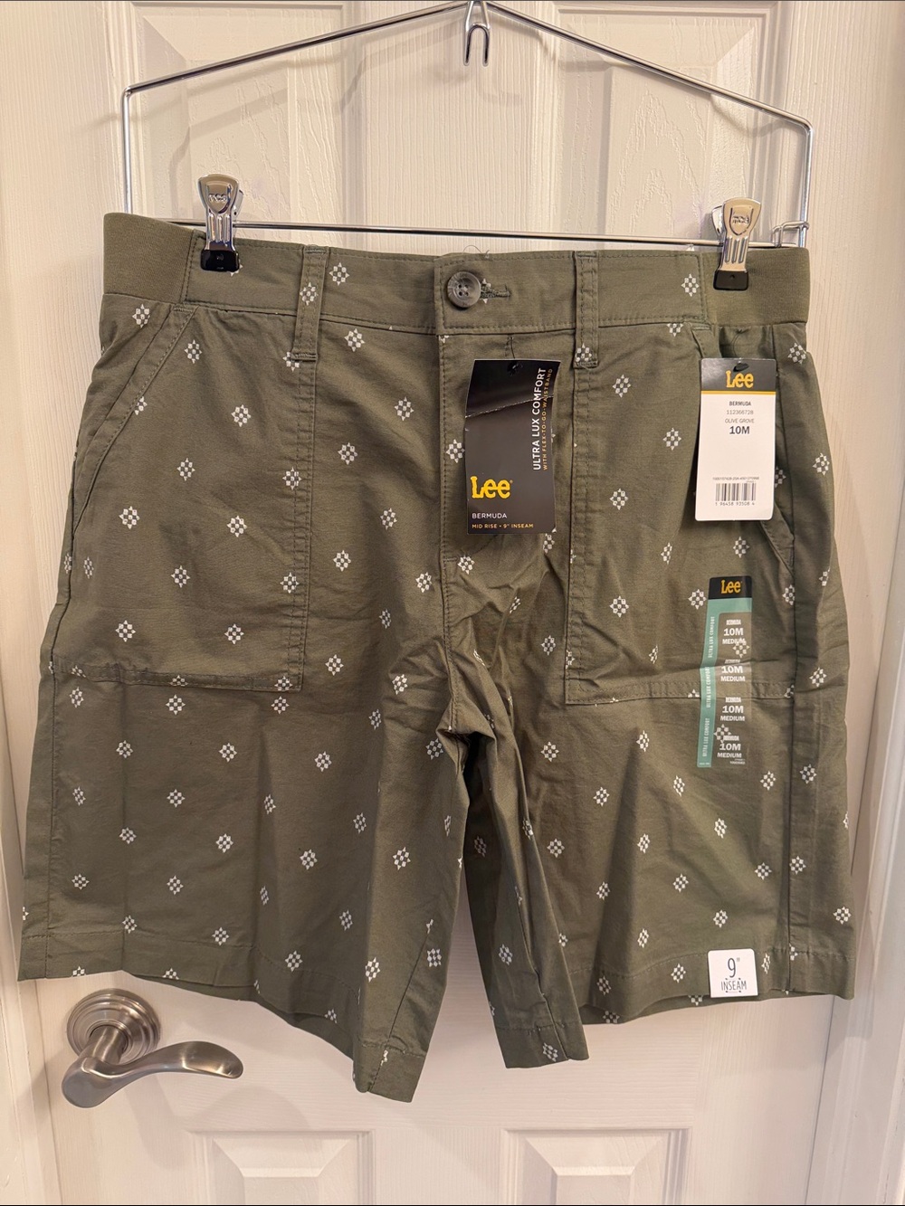 Lee Olive Green Printed Bermuda Shorts with White Geometric Motif